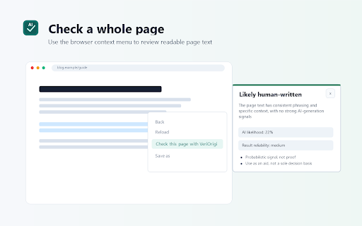 VeriOrigin AI Checker — Detect AI Content :: Check selected page text and pasted passages for likely AI writing without leaving the page