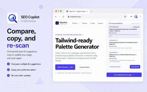 SEO Copilot – AI Title & Meta Checker :: Check page SEO before publishing, prioritize title and meta issues, generate AI suggestions, and re-scan after edits.