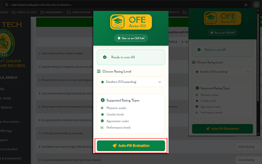 OFE Auto-fill :: Auto-fills Online Faculty Evaluation (OFE) forms with custom ratings to save time and streamline the evaluation process.