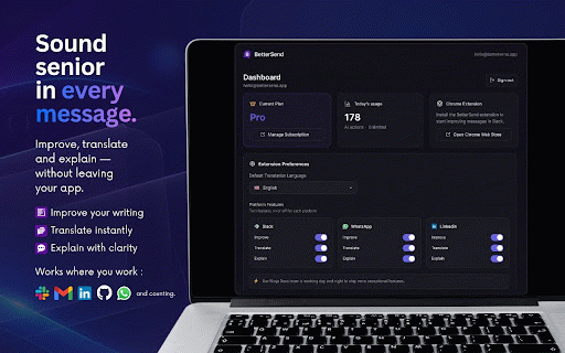 BetterSend — Rewrite Messages with AI :: Rewrite, translate and improve messages instantly across Slack, Gmail, LinkedIn, WhatsApp and more.