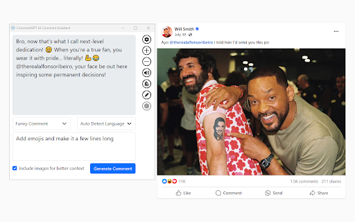 CommentGPT: AI Comment Assistant :: CommentGPT uses AI and image analysis to create context-aware comments for social media. Works on all major platforms. Free to use.