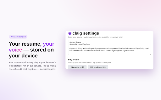 claig - Cover Letter AI Generator :: Scrapes the job description on the current page and generates a tailored cover letter using Claude.