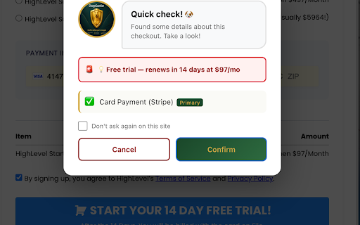 ChargeGuardian :: Stop surprise charges, catch scam checkouts & hidden subscriptions. Works in English, German & French. Optional Pro unlock.