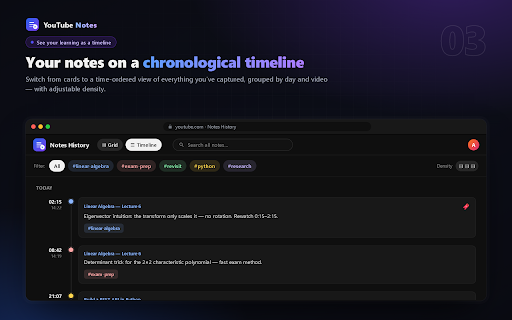 YouTube Notes :: Turn YouTube into a study tool: timestamped notes, tags, bookmarks, playlists, a progress dashboard, and cloud sync.