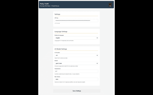 Policy TL;DR :: Detects privacy policy links and summarizes them via AI.