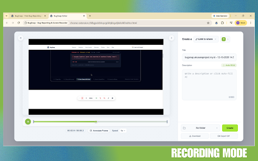 BugSnap - Bug Reporting & Screen Recorder :: Capture screenshots and screen recordings with audio, plus console logs and network errors, straight to your Google Drive.