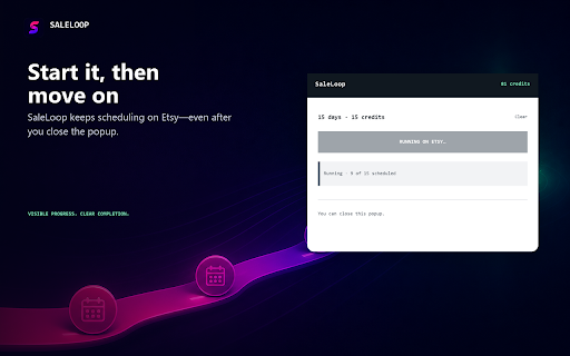 SaleLoop — Etsy Sale Cycle Scheduler :: Save a sale setup once, then relaunch the whole cycle in seconds. Schedules one Etsy sale per day across a date range.