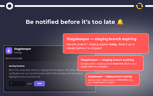 Stagekeeper — Odoo.sh Staging Expiry Tracker :: Tracks Odoo.sh staging branch expiration dates and warns before they are auto-dropped.