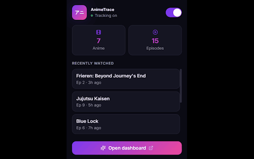 AnimeTrace - AI Anime Tracker :: Automatically detects and tracks anime you watch on any website using AI. View your watch history on a beautiful dashboard.
