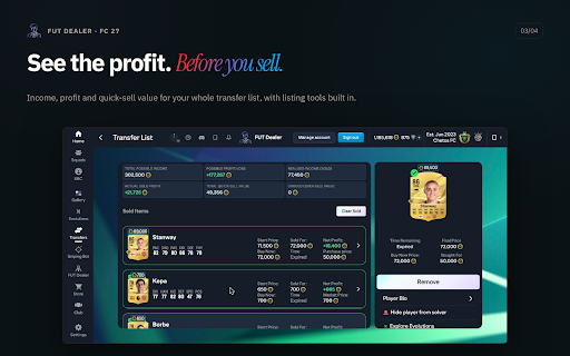 FUT Dealer | SBC Solver, Trader & Gallery :: SBC solver, trader, live card prices and Gallery planner for the EA FC 27 Ultimate Team web app. Human-paced, no captcha solving.