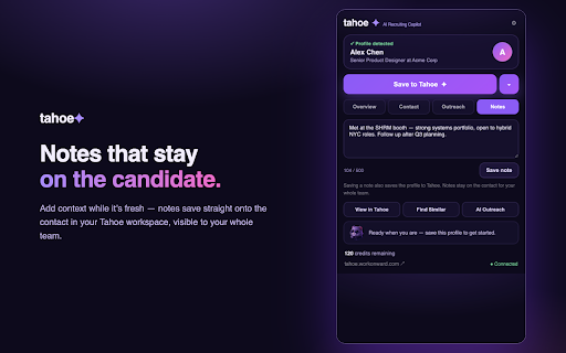 Tahoe for LinkedIn — AI Recruiting Copilot :: LinkedIn email finder for recruiters: reveal work emails and phones, capture the full profile, and start AI outreach in one click.