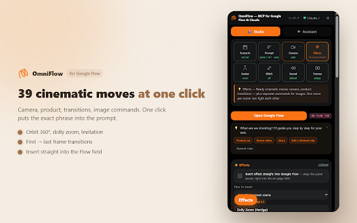 Automation — MCP for Google Flow, Google Vids & Claude: AI video autopilot :: Google Flow shoots a clip, Google Vids an avatar. OmniFlow shoots the queue: prompts, 39 cinematic moves, talking hosts. Via Claude.