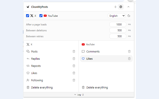 CleanMyPosts :: Bulk-delete your posts, replies, reposts, likes and followings on X, and your comments and liked videos on YouTube.