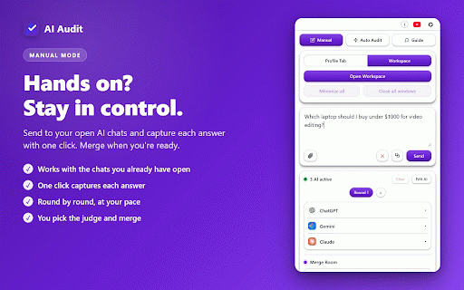 AI Audit: Auto Compare All AI Answers. ChatGPT, Gemini, Claude & More AI :: Press send once, auto compare all AI answers into one trusted result. No chat data collected, no conversations read.