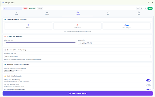 Image Flow :: Automate Google Labs Flow: batch prompts, generate images & videos, tag characters, manage library and Google Drive sync.