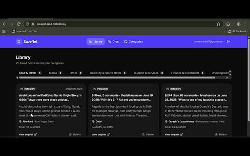 SaveNet - Save smarter, find faster :: Companion extension to SaveNet. Capture Instagram saves, X bookmarks, and browser bookmarks into your AI-powered library.