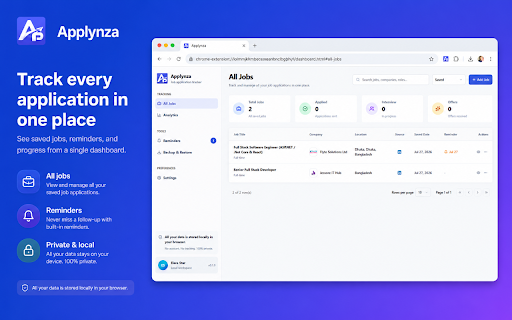 Applynza :: A privacy-first browser extension for saving, organizing, and tracking job applications directly from job boards.