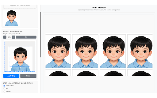 Tuvito Photo Printer :: Convert photos to passport size and arrange them for printing on 4x6 or A4 pages