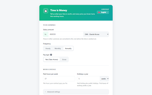 Time is Money: Price to Work Hours :: Price to work hours. Hover any price to see the real cost in hours, days and weeks of work. 54 currencies.