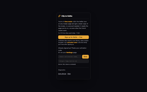 Recipe Clipper: Just the Recipe, by Halite :: Save recipes from any site with one click. Just the ingredients and steps, free, no account. Sign in to build your recipe library.