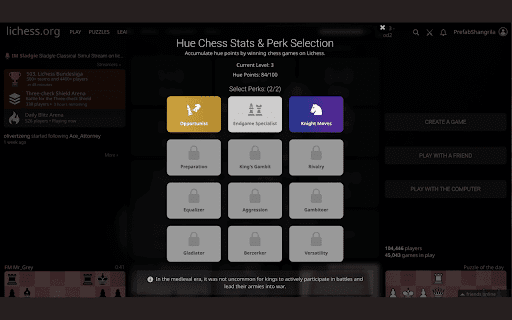 Perk Chess :: Gamification mod that adds colors, xp points, levels, and unlockable perks to lichess.org.