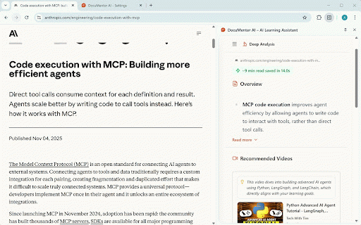 DocuMentor AI – AI Learning Assistant :: Instant AI analysis of technical content—no prompts required. One click for personalized summaries. 100% local, privacy-first.