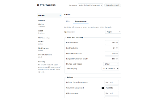 X Tweaks :: Filters the X Pro and x.com timelines: collapse, hide or highlight posts, read picture descriptions, search, and tidy the page.