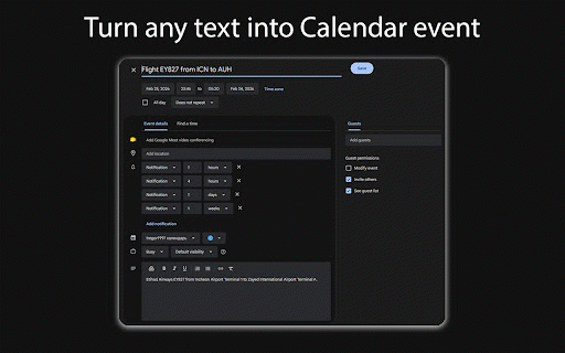 Text2Calendar — Text to Google Calendar (Auto-Timezone) :: Text to Google Calendar with auto-timezone. Highlight or paste text—AI finds date & time. One click to add your event.