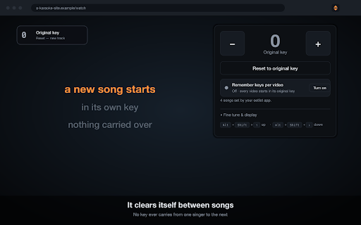 Semitone — karaoke key control :: Change the key of any karaoke track, live. Transpose up or down by semitones on YouTube, Smule or a local file.