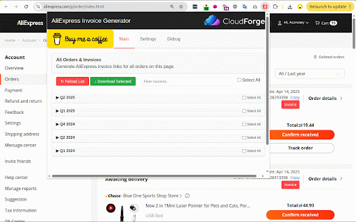 AliExpress Invoice Download :: Automatically finds order IDs, fetches invoice IDs, and generates invoice download links on AliExpress