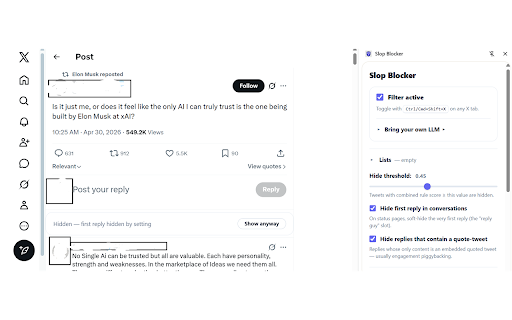 Slop Blocker :: Local-first browser extension that filters bots, AI-generated replies, and keyword-matched content on Twitter/X.