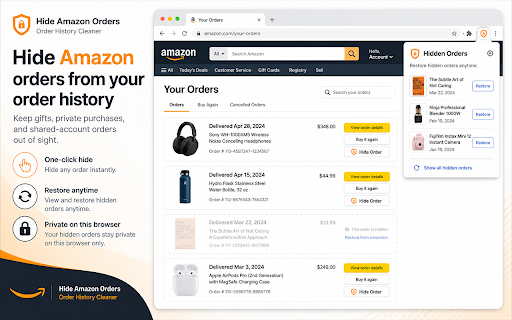 Hide Amazon Orders - Order History Cleaner :: Hide Amazon orders and purchases from your order history. Keep gifts, private items, and shared-account purchases out of sight.