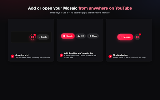 Mosaic — Multi-View for YouTube :: Watch many YouTube videos at once in an auto-arranging mosaic. Add videos while you browse and watch them all together.