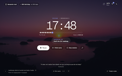 Morimantra New Tab :: A calm daily launchpad on every new tab: clock, search, daily mantra and scenery, weather, and your next task.