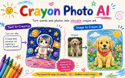 Crayon Photo AI - Best Crayon Art Generator :: Free Crayon Art Generator: Turn prompts or photos into crayon-style artwork directly in Chrome.