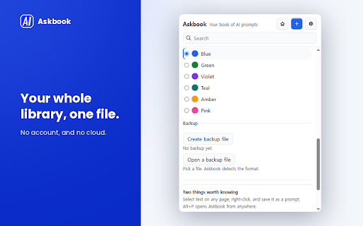 Askbook — AI Prompt Manager & Library :: Your prompt library for every AI. Version history, backup files, and one-key copy — never lose a prompt again.