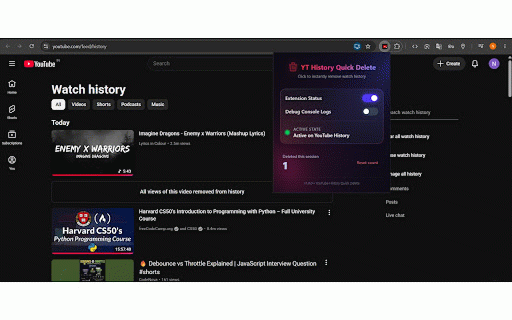 YouTube History Quick Delete :: Quickly delete videos from your YouTube Watch History page with a single click.