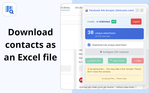 Facebook Ads Library Scraper | Downloader :: Extract data from Facebook Ad Library: videos, texts, IDs. Export to CSV/JSON. Auto-load all ads.
