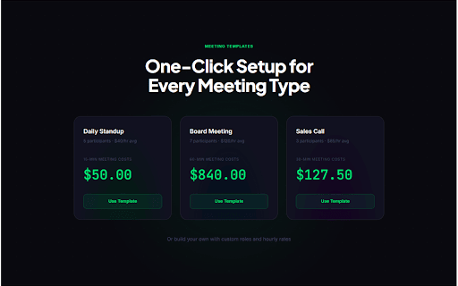 Meeting Cost Calculator :: Premium real-time meeting cost calculator for Google Meet, Zoom, and Teams. Track ROI of your time.