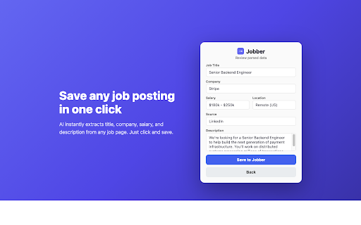 Jobber - Smart Job Saver :: Save job postings from any website into Jobber with one click. AI-powered parsing.