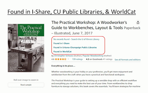 U of Illinois Library Amazon Browser :: On Amazon, this extension displays books available in the U of Illinois, I-Share, Champaign Public Libraries, and WorldCat.