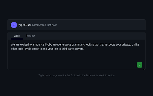 Typlx :: Privacy-first, open-source grammar checker. Advanced AI suggestions while your data stays under your control. No tracking.