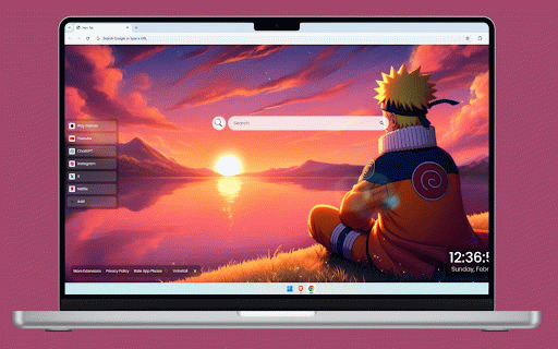 Naruto Sunset Live Wallpaper :: Naruto sits peacefully by a lake, watching a stunning sunset with purple and orange skies reflecting on calm waters.