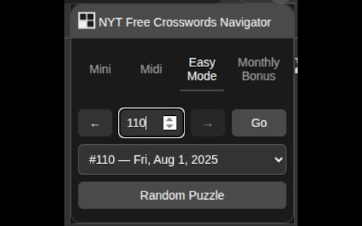 NYT Free Crosswords Navigator :: Quickly navigate the freely available NYT Crosswords' daily Mini, weekly Easy Mode, new Midi, or monthly Bonus puzzles.