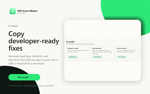 SEO Score Master :: ✅ Audit any page in one click. Get SEO score, search preview, page highlights, and copy-ready fixes without leaving the page.