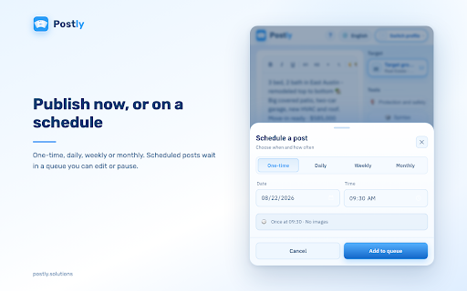 Postly - Auto Poster & Scheduler for Facebook™ Groups :: Publish your post to the Facebook™ groups you choose, on your schedule. Add photos or video and Spintax text variations.