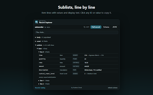 NetSuite Record Explorer :: Copy an entire NetSuite record in one click: every field ID, label, type, and value, including fields not visible on the form.
