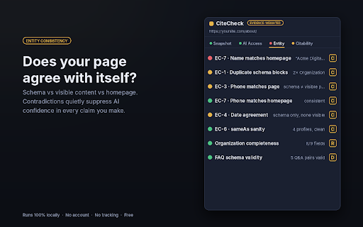 CiteCheck: SEO + AI Search Checker (GEO, AEO) :: Evidence-weighted on-page SEO and AI citability checks. Every check shows its source. Runs 100% locally.
