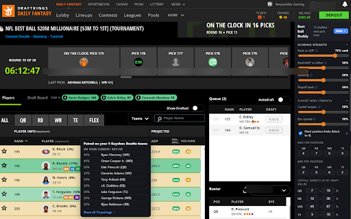 Best Ball Buddy :: Live pick scores, availability, stacks, playoff matchups & portfolio exposure on your DraftKings and Underdog best ball drafts