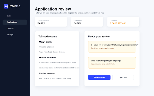 ReferMe Auto-Apply :: Auto-fills job applications on Indeed, Naukri, Foundit, and company career sites using your ReferMe profile.